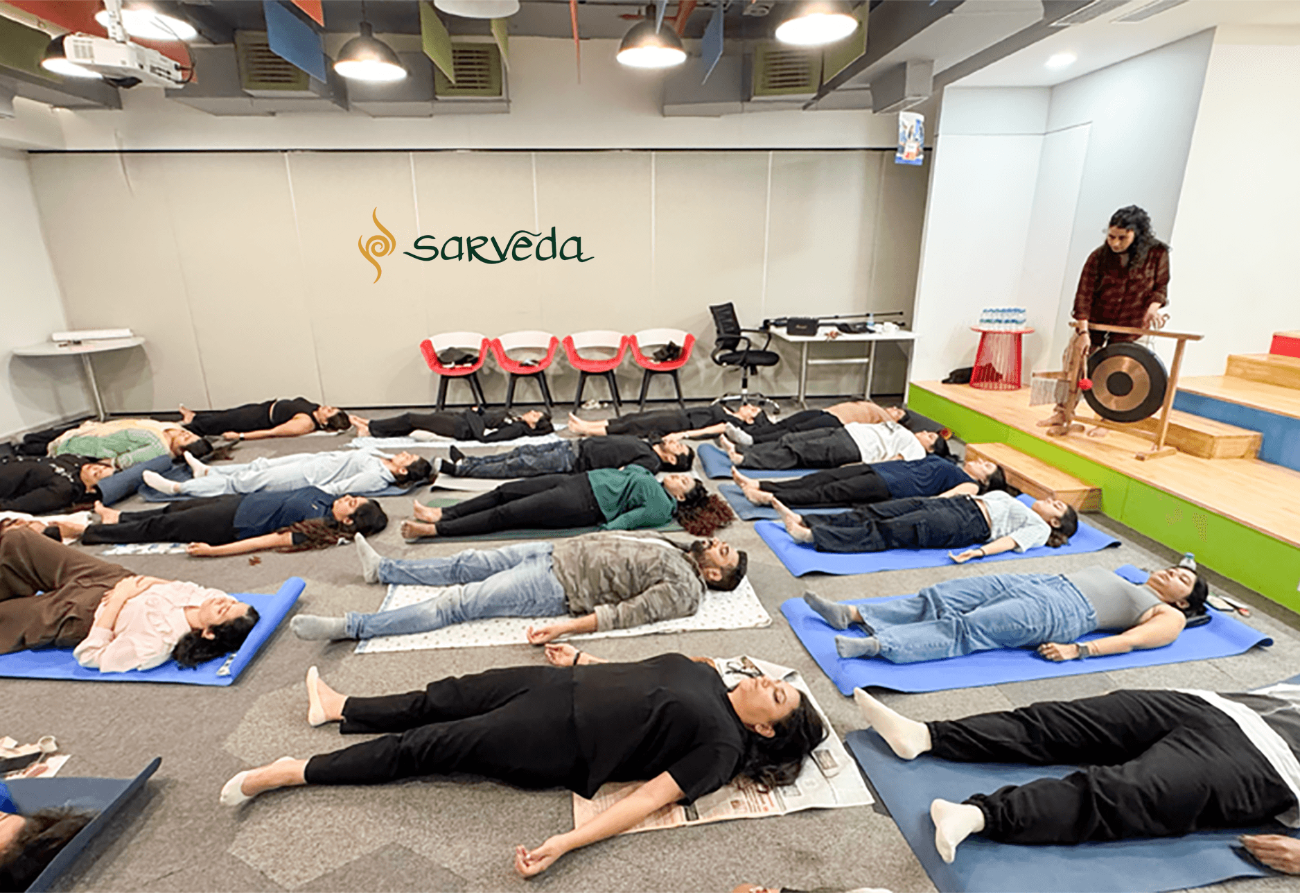 Corporate sound healing and mindfulness session with singing bowls