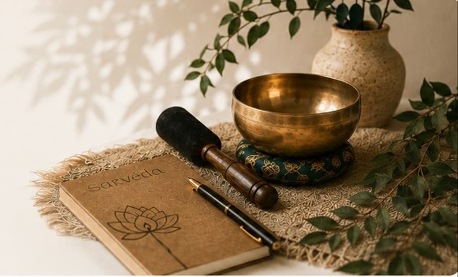 Sarveda notebook, singing bowl and pen arranged for mindful journaling